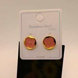 Acer Gold Tone Pink Clover Stainless Steel Stud Earrings